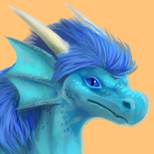Portrait of ECrownofFire, a blue-scaled dragoness with a dark blue mane.